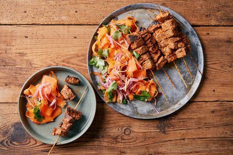 Tandoori Beef Kebabs with Quick Carrot Salad — Farm to Fork Tandoori Paste, Beef Kebabs, Farm To Fork, Carrot Salad, Kebabs, Asian Cooking, Red Onion, Black Pepper, Cooking Time