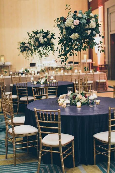 Navy Blue And Sage Green Wedding Reception, Navy Gold And Greenery Wedding, Navy Blue Wedding Flowers Centerpieces, Centerpieces Navy Blue And Gold, Navy Blue Centerpieces, Burgundy Wedding Centerpieces, Wedding Jobs, Navy Blue And Gold Wedding, Blue And Gold Wedding