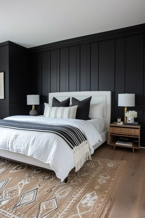 25 Bold Black Accent Wall Bedroom Ideas to Upgrade Your Space - Roomy Retreat Back Accent Wall Bedroom, Black Focal Wall Bedroom, Black Bedroom Feature Wall, Bedroom Ideas Black Wall, One Black Wall Bedroom, Black Bedroom Accent Wall, Black Accent Bedroom, Black Accent Wall Bedroom Ideas, Bedroom With Black Accent Wall