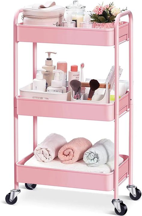 Amazon.com: TOOLF 3-Tier Rolling Cart, Metal Utility Cart with Lockable Wheels, Storage Craft Art Cart Trolley Organizer Serving Cart Easy Assembly for Baby Room, Bathroom, Kids' Room, Beauty Salon (Pink) : Office Products Dorm Bathroom, Organization Cart, Mobile Shelving, Rolling Utility Cart, Rolling Storage Cart, Storage Trolley, Art Cart, Utility Storage, Rolling Storage