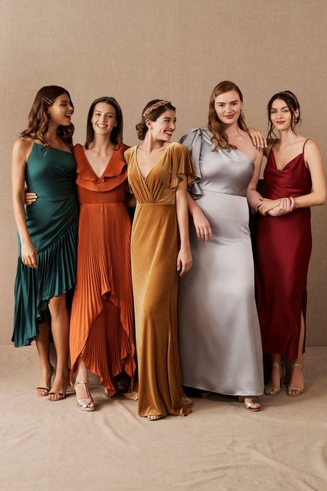 Searching for a bridesmaid dress palette that showcases the colorful personalities in your party? Perhaps something a little more daring than the classic monochromatic look? We've got you covered! BHLDN stylist Kirby C. is sharing four of her favorite avant-garde palettes, plus tips for taking mix and match maids to the next level. Bridesmaid Palette, Jewel Tone Bridesmaid, Mix Match Bridesmaids, Fall Bridesmaids, Fall Bridesmaid Dresses, Velvet Bridesmaid Dresses, Mismatched Bridesmaids, Mismatched Bridesmaid Dresses, Bridesmaid Dress Colors