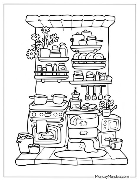 22 Kitchen Coloring Pages (Free PDF Printables) Bakery Coloring Pages, Food Coloring Pages Free Printable, Kitchen Coloring Pages, Bobbie Goods, Food Coloring Pages, Cosy Spaces, Coloring Book Art, Cozy Space, Food Coloring