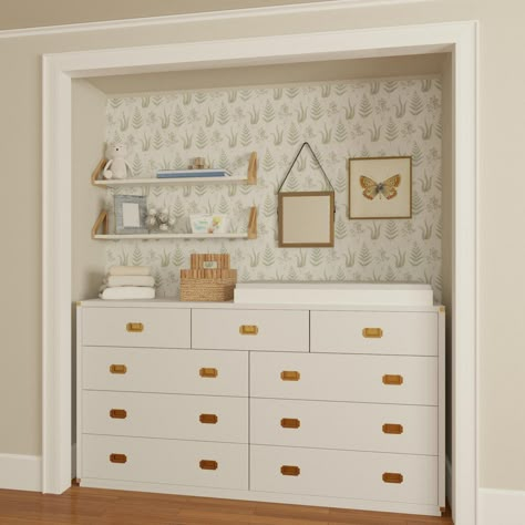 Small Nursery Design, Crib Storage, Nursery Design Ideas, Dresser In Closet, Baby Changing Station, Small Nursery, Baby Dresser, Changing Table Dresser, Small Nurseries