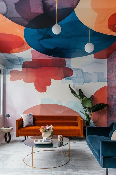 Ceiling Mural Ideas: Transform Your Space! Mural Above Fireplace, Ceiling Mural Ideas, Ceiling Painting Ideas, Colourful Mural, Ceiling Artwork, Ceiling Mural, Faux Painting Techniques, Sky Ceiling, Ceiling Painting