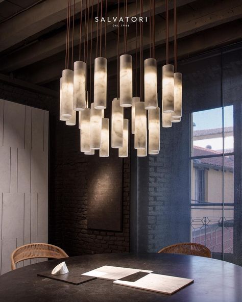 A showstopping chandelier in natural stone made of 26 individual cylinders. Here in classic Bianco Carrara marble, also available in lovely… Chandelier For Foyer, Alabaster Chandelier, Hotel Hallway, Loft Lighting, Lustre Design, Staircase Chandelier, Hanging Chandelier, Round Chandelier, Pendant Lights & Chandeliers