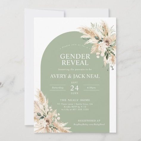 Sage Green Pampas Grass Baby Gender Reveal Invitation Sage Green Gender Reveal, Green Gender Reveal, Boho Gender Reveal Party, Green Pampas, Boho Gender Reveal, Bohemian Baby, Gender Reveal Decorations, Gender Reveal Invitations, Baby Gender Reveal