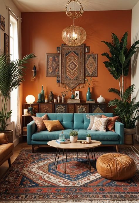 Boho Living Room Colourful, Living Room Boho Decor Ideas, Boho Mid Century Modern Living Room Colorful, Bohemian Room Design, Rust Boho Living Room, 70s Style Decor, Mid Century Modern Scandinavian Living Room, Boho Living Room Decor Inspiration, Blue Living Room Aesthetic