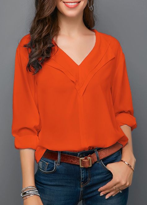 Blouse Outfit Ideas, Awesome Blouse, Trendy Fashion Tops, Trendy Blouses, Orange Blouse, Cute Blouses, Orange Shirt, Work Wear Women, Blouse Outfit