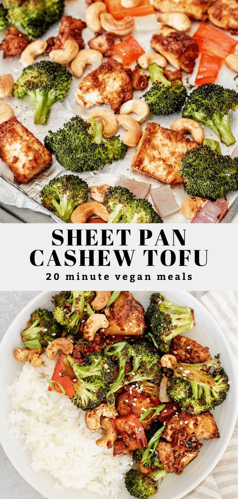 This vegan cashew tofu sheet pan is inspired by some of my favorite takeout meals. Includes a mix of tofu, cashews, vegetables baked along with a light and flavorful sauce. Comes together in just 20 minutes for the perfect dinner meal. Tofu Sheet Pan, Vegan Sheet Pan, Fruits Recipes, Tempeh Recipes, Pan Recipe, Vegan Entree, Wfpb Recipes, Dinner Meal, Perfect Dinner