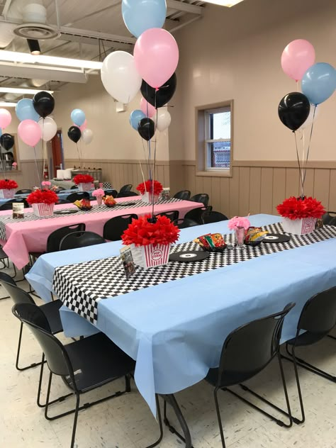 50 Themed Party 1950s, 1950 Party Theme Ideas, Grease Theme Party Ideas, Oldies But Goodies Party Theme, Sock Hop Centerpieces Table Decorations, 50s Graduation Party, Rockabilly Party Ideas, 50s Homecoming Theme, Grease 50th Birthday Party