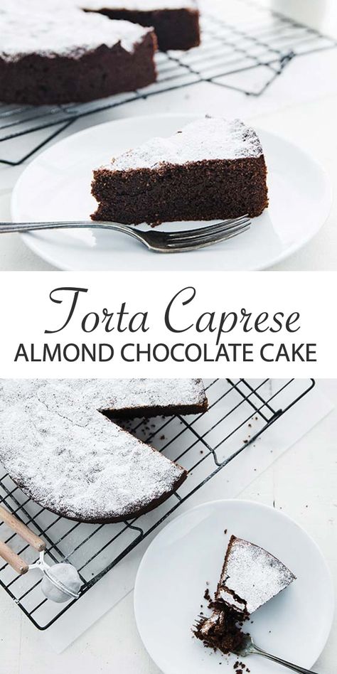 Torta Caprese Recipe (Chocolate Almond Flourless Cake)- an amazing Italian cake loaded with chocolate and almonds for an unbelievably rich decadent dessert. Torta Caprese Recipe, Chocolate Almond Cookies, Flourless Cake Recipes, Caprese Recipe, Chocolate Almond Cake, Almond Flour Cakes, Caprese Recipes, Almond Cake Recipe, Easy Chocolate Desserts