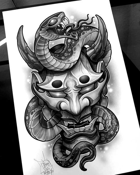 Oni Mask And Snake Tattoo, Oni Mask Snake Tattoo, Hanya Mask Tattoo Design, Desain Tattoo, Mascara Hannya, Nepal Tattoo, Hanya Mask Tattoo, Mask Tattoo Design, Mascara Oni