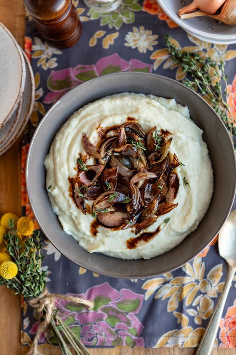 This celeriac puree is topped with savory roasted shallots for a show-stopping side dish. It makes a great alternative to mashed potatoes for Thanksgiving! Celery Puree, Mashed Potatoes For Thanksgiving, Celeriac Puree, Roasted Vegetables Balsamic, Celeriac Recipes, Balsamic Vegetables, Shallots Recipe, Celery Root Puree, Shallot Recipes