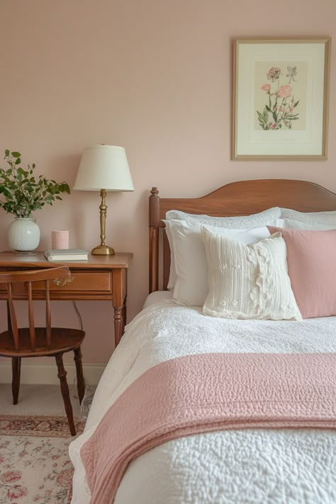 Elegant Pink Bedding, Vintage Bedroom Minimalist, Bm Meadow Pink, Pink Earth Tone Bedroom, Pink Grandmacore Bedroom, Rich Pink Bedroom, Pink Bedroom Dark Furniture, Dark Wood And Pink Bedroom, Small Bedroom Boho Decor