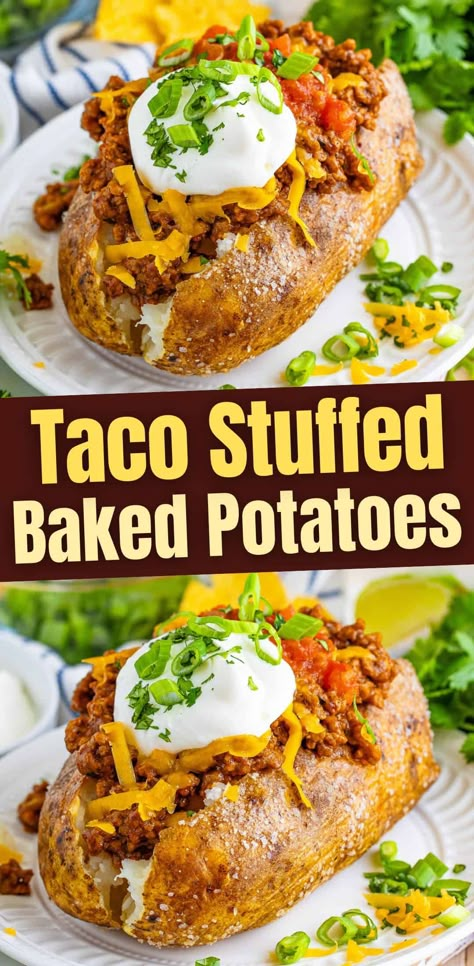 Taco Loaded Baked Potato, Baked Potato Fillings Ideas, Mexican Stuffed Potatoes, Healthy Stuffed Baked Potatoes, Baked Potatoes With Ground Beef, Taco Stuffed Potatoes, Taco Baked Potatoes, Baked Potato Taco, Twice Baked Potatoes With Ground Beef