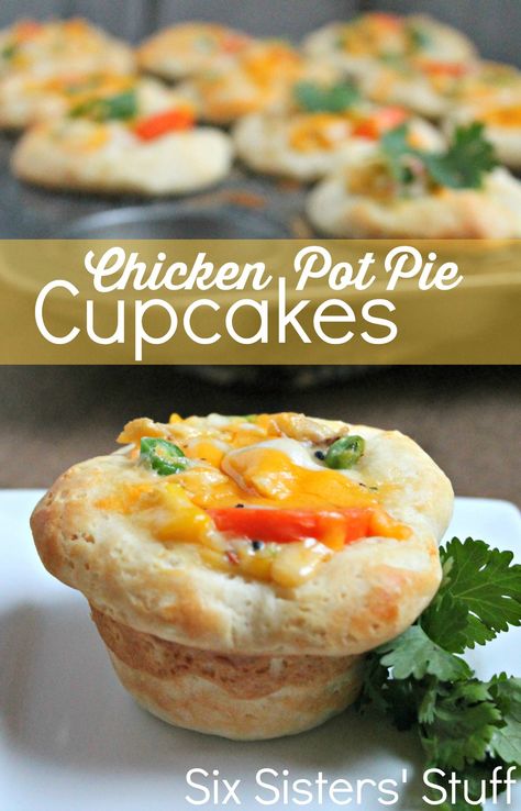 Chicken Pot Pie Cupcakes Recipe Pot Pie Cupcakes, Chicken Pot Pie Cupcakes, Frozen Biscuits, Mini Chicken Pot Pies, Leftover Rotisserie, Mixed Veggies, Chicken Pot Pie Soup, Six Sisters Stuff, Pie Cupcakes