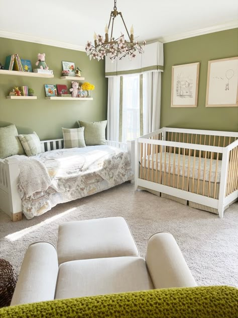 Green Winnie The Pooh Nursery, Nursery Day Bed, Day Bed In Nursery, Nursery With Daybed And Crib, Nursery With Bed, Nursery With Guest Bed, Nursery With Daybed, Nursery Office Combo, Nursery Daybed