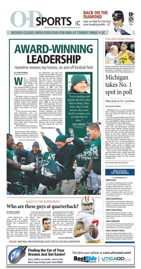 Sports section front: Football coach feature Newspaper Feature Layout, Sports Newspaper Design, Sports Page Layout Newspaper, Feature Magazine Layout, Sports Newspaper Design Layout, News Layout Design, Sports Newsletter, School Publication, Football Newspaper