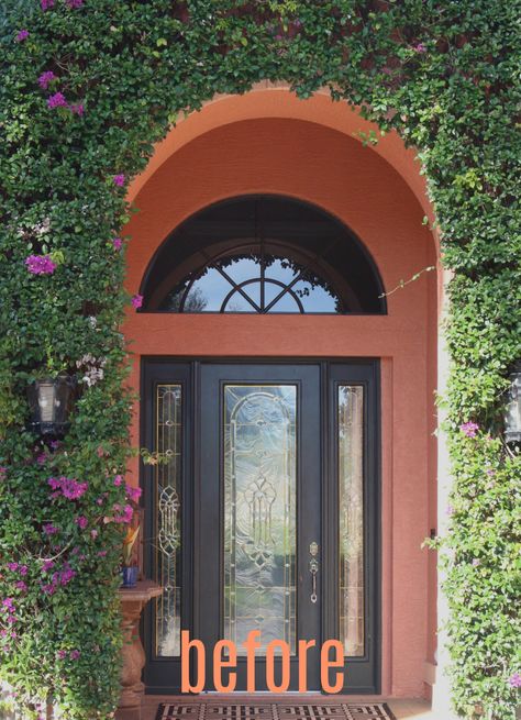 replacing an older door with an updated hurricane-rated door @ Be Colorful Coastal Mediterranean Front Door, Spanish Style Front Door, Mediterranean Door, Mediterranean Front Doors, Mediterranean Doors, Coral Door, Coral House, Colorful Coastal, Impact Doors