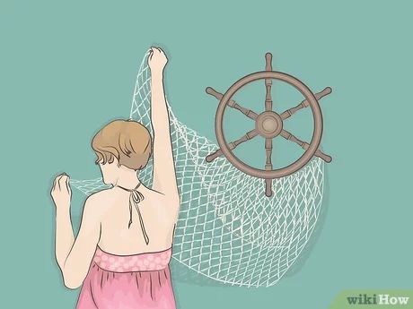 How to Hang a Decorative Fishnet (with Pictures) - wikiHow How To Hang A Fish Net On The Wall, Fish Net Wall Decoration, Fishing Net Decor Ideas, Beach Net Wall Decor, Fishnet Decorating Ideas, Decorating With Fishing Net, Fishnet Wall Decor Ideas, Fish Net Decor Ideas, Fish Netting Decor Ideas