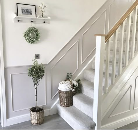 Grey And White Hallway, White Hallway Ideas, Stairs And Hallway Ideas, Stair Paneling, Hall Stairs And Landing, Entrance Hall Decor, White Hallway, Living Room Panelling, Hallway Landing