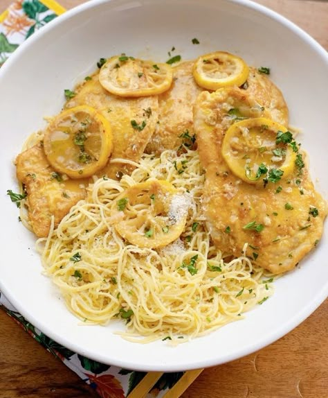 Chicken Francese with Angel Hair Pasta - Proud Italian Cook Chicken Francese With Pasta, Chicken Francese Pasta, Lemon Angel Hair Pasta With Chicken, Chicken Piccata With Angel Hair Pasta, Chicken Cutlet Pasta, Chicken Angel Hair Pasta Recipes, Chicken And Angel Hair Pasta Recipes, Fish Francese Recipe, Angle Hair Pasta Recipes