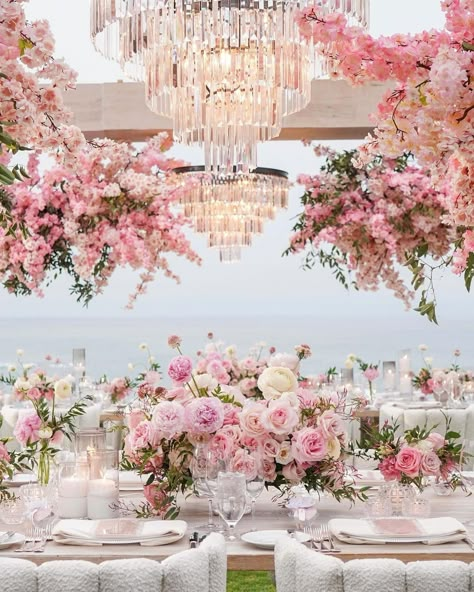 Bloom Box | Est. 2009 (@bloomboxdesigns) • Instagram photos and videos Peony Wedding Theme, Barbie Wedding Theme, Cherry Blossom Ceiling, Wedding Chandelier Ideas, Pastel Pink Wedding Theme, Pink Wedding Aesthetic, Butterfly Baby Shower Centerpieces, Wedding Pink Theme, Pink Wedding Receptions