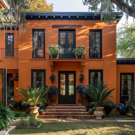 15 Best Paint Colors for Exterior of House Orange Home Exterior, Spanish Exterior Paint Colors, Colors For Exterior Of House, Play School Interiors, Orange Houses, Terracotta Roof House, Spanish House Exterior, School Interiors, Mission House