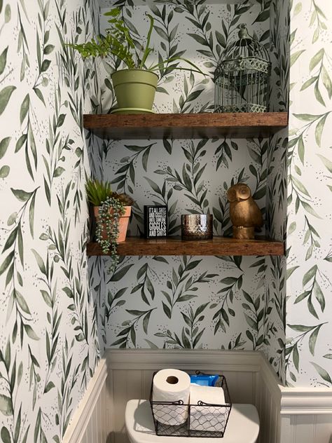 Floating Shelves On Wallpaper, Half Bath Wallpaper, Dark Wood Shelves, Peel N Stick Wallpaper, Dark Green Bathrooms, 5 Bedroom House Plans, Floating Shelves Bathroom, 5 Bedroom House, Bathroom Refresh