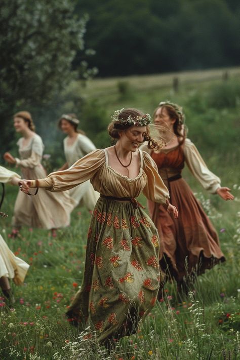 Period Fashion Photography of Medieval Maidens Dancing in Field Medieval Dance Aesthetic, Irish Fashion Traditional, 18th Century Fashion Peasant, Little Women Photoshoot, Medieval Peasant Girl, Medieval Dancing, Medieval Photoshoot, Peasant Aesthetic, Peasant Core