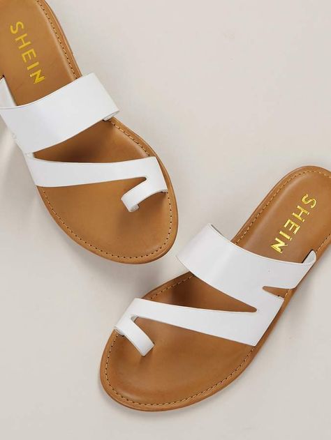 Shein Cut Out Toe Band Slide On Flat Sandals Women Flat Sandals, Pretty Sandals, Fashion Shoes Sandals, Genuine Leather Sandals, Sandals Outfit, Fashion Slippers, Shoes Flats Sandals, Leather Slippers, Cute Sandals