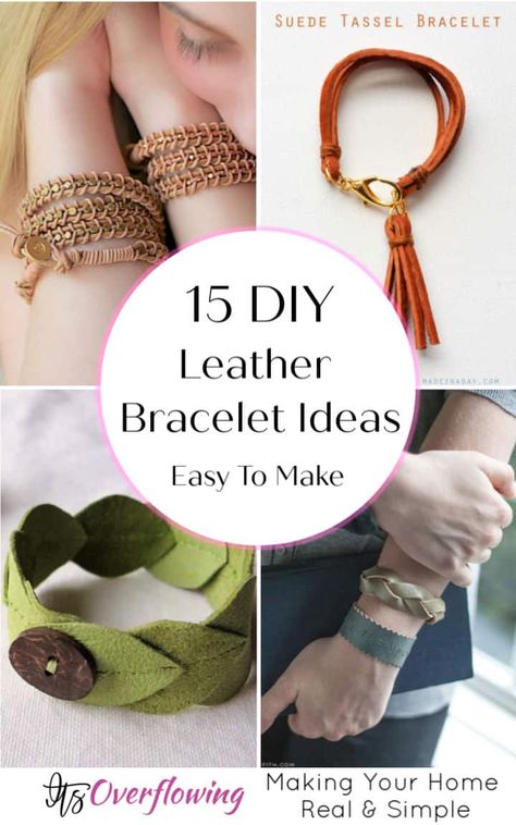 15 Easy To Make DIY Leather Bracelet Ideas - Its Overflowing How To Put Snaps On Leather Bracelets, Clasps For Leather Bracelets, Leather Jewelry Making For Beginners, Repurposed Leather Ideas, Adjustable Leather Bracelet Diy, Leather Bracelet Patterns, Handmade Leather Jewelry Diy, Diy Leather And Bead Bracelet, Leather Bracelet Ideas