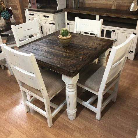 Transform your breakfast nook with our stunning Gatlinburg Square Dining Set! This charming farmhouse table features a two-tone stain and a bright white distressed base, complemented by four matching chairs. Perfect for cozy meals, this special buy is available for a limited time. 

#SquareFarmhouseTable #SmallSquareDiningTable #WhiteFarmhouseTable #RusticKitchenTables Small Square Dining Table, Gatlinburg Restaurants, Farmhouse Style Kitchen Table, White Farmhouse Table, Square Farmhouse Table, Square Farmhouse, Square Kitchen Tables, Table In Kitchen, Painted Kitchen Tables