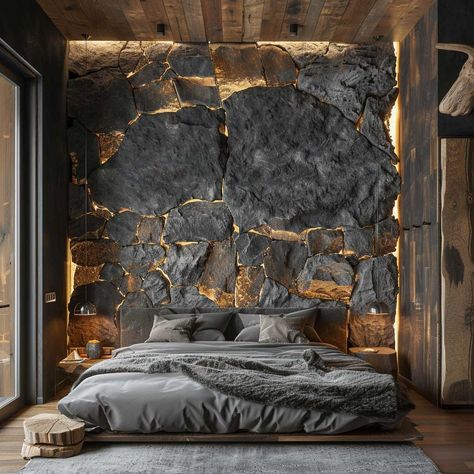 23+ Top Wall Texture Designs That Will Make Your Bedroom Stand Out • 333+ Art Images Rock Feature Wall Interiors, Rock Walls Interior, Rock Wall Bedroom, Rock Wall Interior, Rock Interior Design, Diy Stone Wall Interior, Stone Panelling, Wall Texture Ideas, Faux Stone Wallpaper