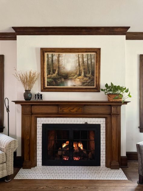 🕰🌾 This living room has been transformed into a cozy retreat with the perfect blend of comfort and style. 

-Custom-designed furniture from Smith Brothers of Berne, Inc. 
-Mica shade table and floor lamp by Uttermost. 

#livingroomdesign #livingroomdecor #interiordesign #livingroom #interior #homedecor #livingroominspo #homedesign #interiordesigner #interiors #decor #livingroominspiration #interiorstyling #interiordecor #homesweethome #architecture #furniture #livingroomgoals #decoration Chimney Interior Design, Craftsman Cottage Living Room, Historic Home Fireplace, Traditional Fireplace Design, Craftsman Brick Fireplace, Walnut Fireplace, Corner Fireplace Ideas Living Room, Fireplace Installation, 20s Fireplace