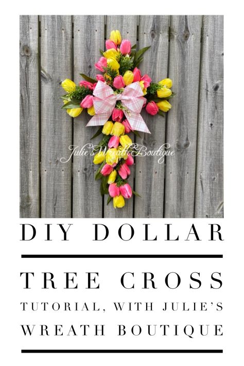 Make your own wreath with a Dollar Tree Cross Frame. DIY Wreath, Wreath Tutorial, In Memory Wreath, Tulip Wreath DIY, Tulips, Easter Wreath, Easter Decor, Spring Wreath, Spring 2020, Blooms, Home Decor Wreath, #diyprojects #diydecor #curbappeal #Julieswreathboutique Diy Dollar Tree Cross, Cross Wreath Frame, Cross Wreath Tutorial, Dollar Tree Cross, Tulip Wreath Diy, Easter Wreath Cross, Cross Wreath Diy, Cross Wreaths, Cross Frame