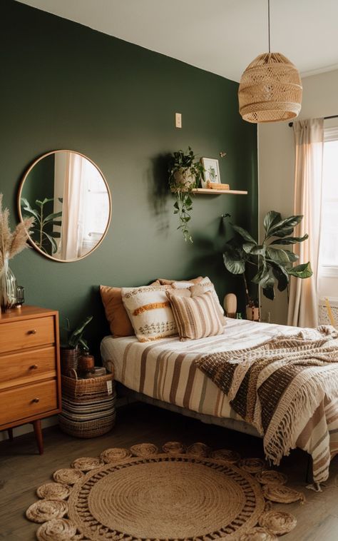 Ivy Wall Bedroom Behind Bed, Green Walls Boho Bedroom, Boho Chic Small Bedroom, Spare Room Design Ideas, Botanical Boho Decor, Jungle Guest Bedroom, Cute Adult Bedroom Ideas, Botanical Bedroom Aesthetic, Small Apartment Boho Decor