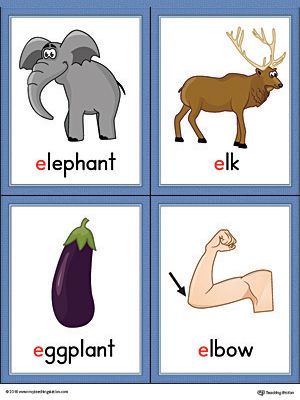 Letter E Words and Pictures Printable Cards: Elephant, Elk, Eggplant, Elbow (Color) Worksheet.The Letter E Words and Pictures Printable Cards can be used for flashcards, various games, and help your student associate unfamiliar words with a picture. Colorful picture cards for the words: elephant, elk, eggplant, and elbow. Cvc Word List, Alphabet Word Wall Cards, Alphabet Word Wall, Jolly Phonics Activities, Z Cards, Alphabet Words, Free Printable Letters, Cvc Word, Word Wall Cards