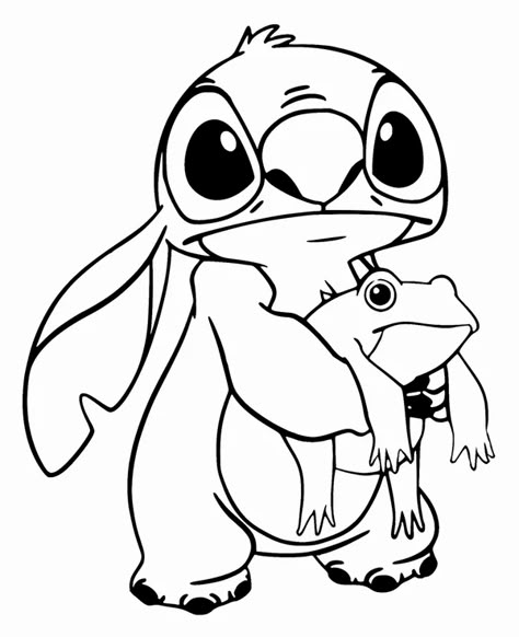 Stitch Holding a Frog Coloring Page Lilo I Stitch, Ako Kresliť, Stitch Coloring, Lilo En Stitch, Disney Coloring Sheets, Angel Coloring Pages, Stitch Coloring Pages, Stitch Drawings, Frog Coloring Pages