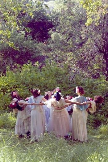 Sister Circle, Women's Circle, Green Field, Fairy Aesthetic, Spring Equinox, Wheel Of The Year, May Day, Beltane, Witch Aesthetic