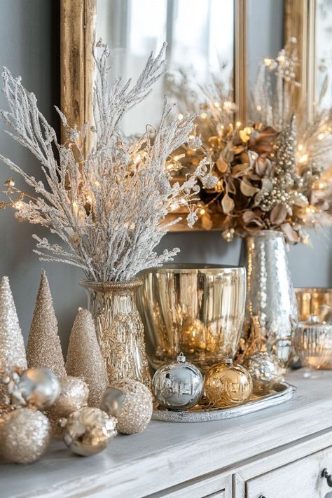 Gold Silver White Christmas Decor, Gold Christmas Decorations Living Room, Christmas Decor Ideas Gold And White, Cream And Gold Christmas Decor, Gold Silver Christmas Decor, Gold And Silver Christmas Decor, Christmas Decor Ideas Gold, Gold Christmas Home Decor, Christmas Gold And White