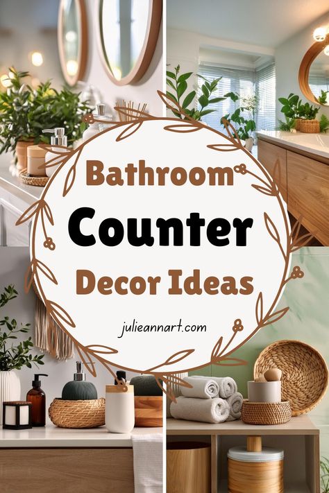 Bathroom Counter Decor Ideas Farmhouse Bathroom Countertop Decor, Bathroom Sink Top Decor, Restroom Countertop Decor Ideas, Farmhouse Bathroom Vanity Decor, Luxury Bathroom Counter Decor, Cherry Wood Bathroom Decor, Boho Bathroom Counter Organization, Decor For A Bathroom, Bathroom Counter Styling Modern