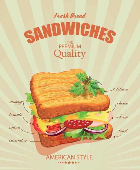 Sandwich Poster In Vintage Style. Stock Vector Sandwich Poster, Retro Diner Decor, Vintage Food Posters, Sandwich Bar, Diner Decor, Poster Vintage Retro, Retro Cafe, Ingredient Labels, American Diner