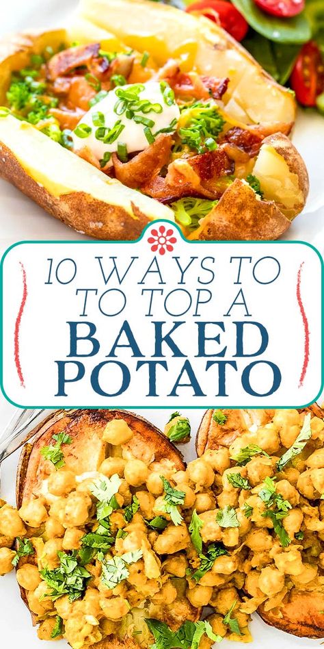 10 Ways to Top a Baked Potato! Eat baked potatoes on the regular? Make your baked potatoes a meal with these winning combos and recipes for toppers! #simplyrecipes #potato #bakedpotatorecipe #mealideas Baked Potato Add Ons, Baked Potato Toppers Meals, Baked Potatoes With Toppings, Baked Potato Toppers, Loaded Baked Potato Toppings, Baked Potato Meals Dinners, Loaded Baked Potatoes Recipes, What To Serve With Baked Potatoes, Baked Potatoes Toppings Ideas