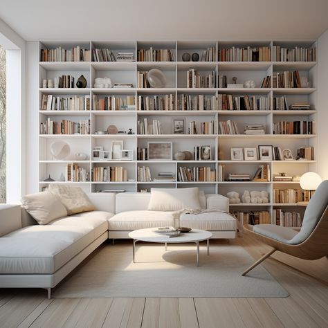 Living Room Library Ideas Modern, Library Room Aesthetic Modern, Built In Bookshelves Aesthetic, Built In With Seating, Minimalist Library Design, Organic Modern Home Library, Home Library Aesthetic Modern, Library In Home Aesthetic, Neutral Home Library