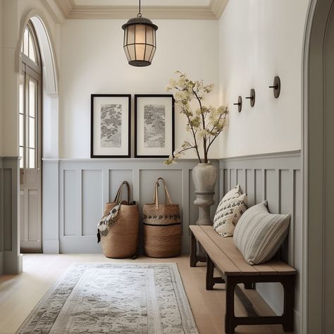 Minimalist pastel entryway with flowers to usher in spring. Nicely styled wooden bench with fluffy pillows. Rustic wicker baskets, black and white framed artwork, a patterned rug to match with pastel wood paneling and a statement light - it all makes such good impression. Bench Near Stairs, Entryway Ideas Paint Wall Colors, Natural Hallway Ideas, Entry Way Molding Entryway, Batten Board Walls Entryway, Arched Hallway Entryway, Hook Wall Entryway, Entry Way Painting Ideas, Pony Wall Entryway