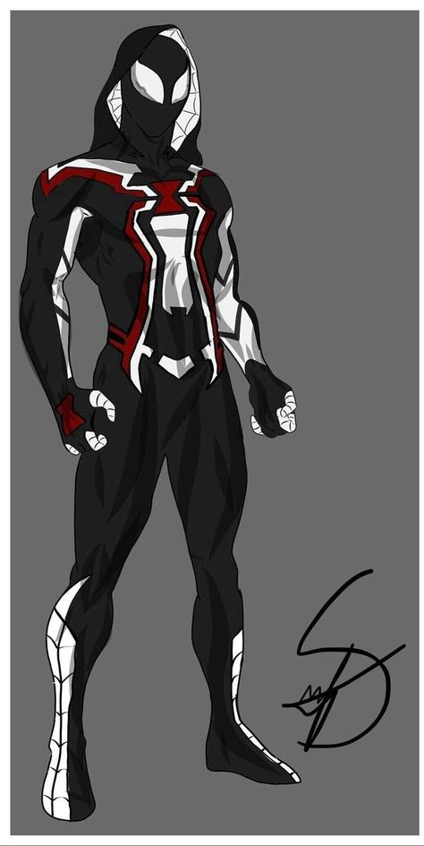 Spiderman Suit Design Concept, Spiderman Suits Design, Spiderman Suit Concept Art, Spiderman Suit Designs, Spider Man Suits Design, Black Suit Spiderman, Spiderman Oc Art, Spider Suits, Spider Suit