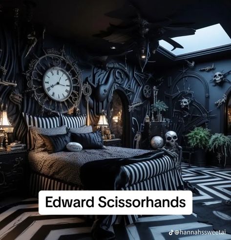 Tim Burton House, Tim Burton Beauty, Tim Burton Room, Goth Decor Diy, My Home Aesthetic, Moody Maximalism, Dark Bedroom Ideas, Horror Room, Goth Room