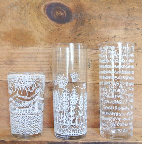 Three thrifted clear drinking glasses and a white glass paint marker. #inlarariastudio #inspo Cathe Holden, Decorated Glasses, Upcycle Inspiration, Glass Paint Markers, Pen Projects, Bleach Pen, Wine Party, Painted Glasses, Scrapbook Tutorial