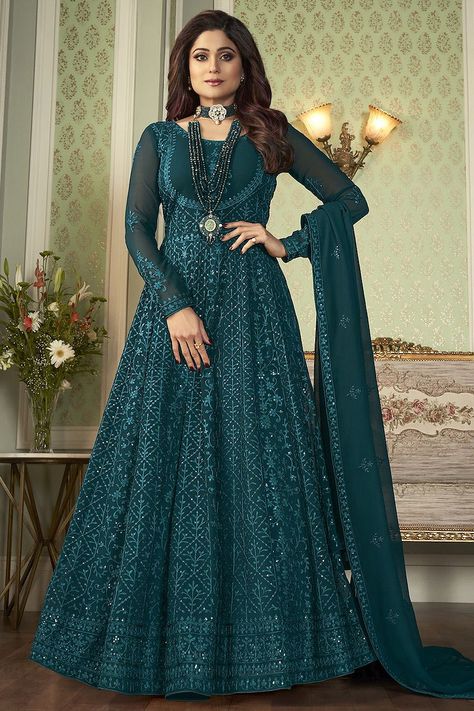 Green Anarkali Suits, Red Saree Wedding, Pakistani Party Dresses, Long Anarkali Gown, Pakistan Bridal, Georgette Anarkali Suits, Green Anarkali, Pakistani Shalwar, Blue Anarkali